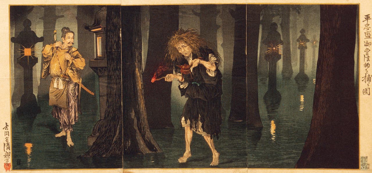 An ukiyo-e woodblock print of two figures in a misty swamp, Flames in stone braziers reflect off the shallow pool of water and illuminate the two figures. On the left, a man in nice robes, with a bow strung over his shoulder and a sword at his belt. In the center, a bedraggled-looking priest carrying a burning stick of incense. THe priest doesn't seem to have noticed the other man.